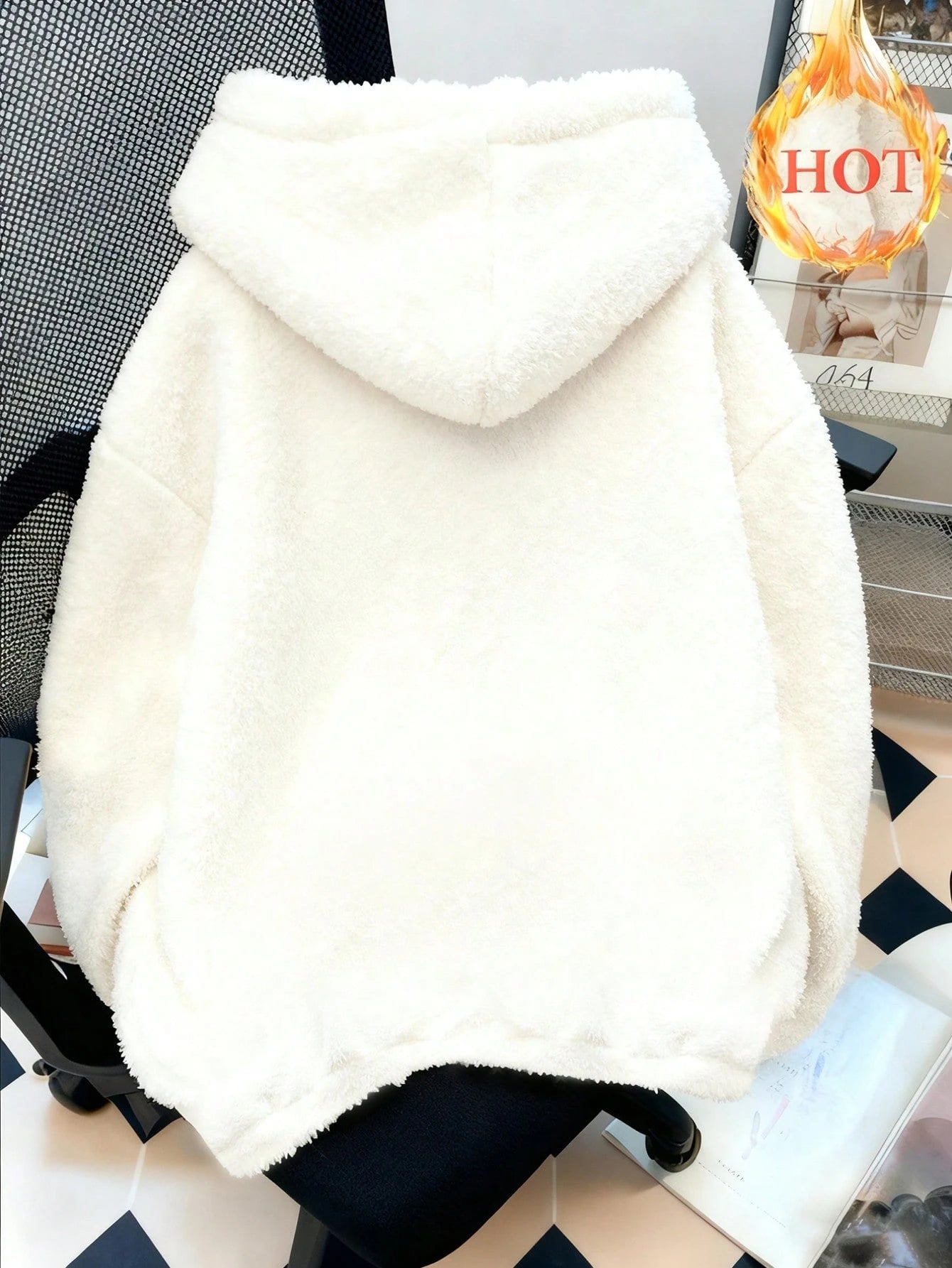 SHEIN Resyla Women's Off-White Oversized Imitation Lamb Wool Hooded Sweatshirt,Winter Warm Soft Hoodie For Everyday Work,Commuting,Date & Home Wear
