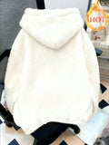 SHEIN Resyla Women's Off-White Oversized Imitation Lamb Wool Hooded Sweatshirt,Winter Warm Soft Hoodie For Everyday Work,Commuting,Date & Home Wear