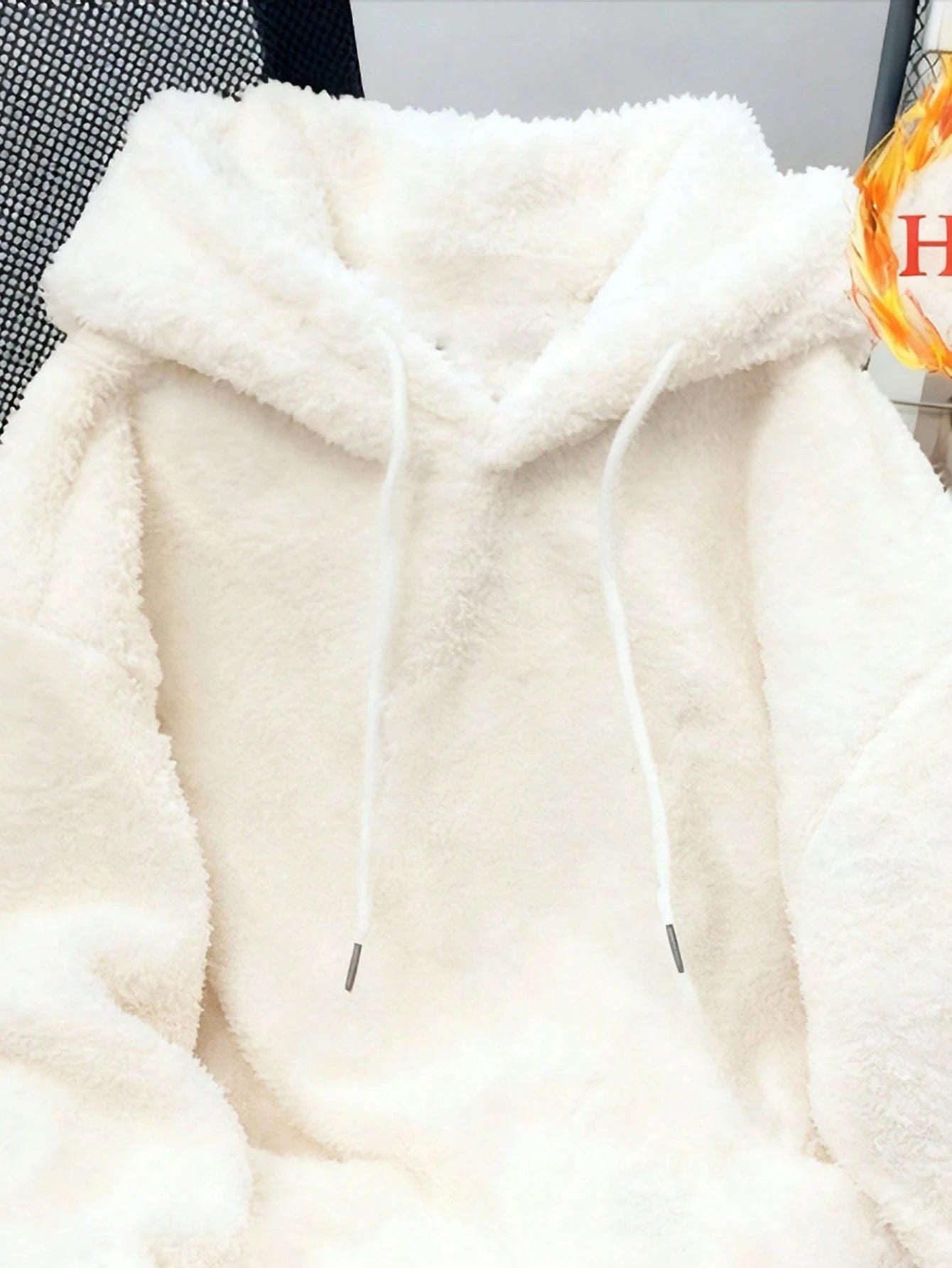 SHEIN Resyla Women's Off-White Oversized Imitation Lamb Wool Hooded Sweatshirt,Winter Warm Soft Hoodie For Everyday Work,Commuting,Date & Home Wear
