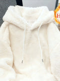 SHEIN Resyla Women's Off-White Oversized Imitation Lamb Wool Hooded Sweatshirt,Winter Warm Soft Hoodie For Everyday Work,Commuting,Date & Home Wear