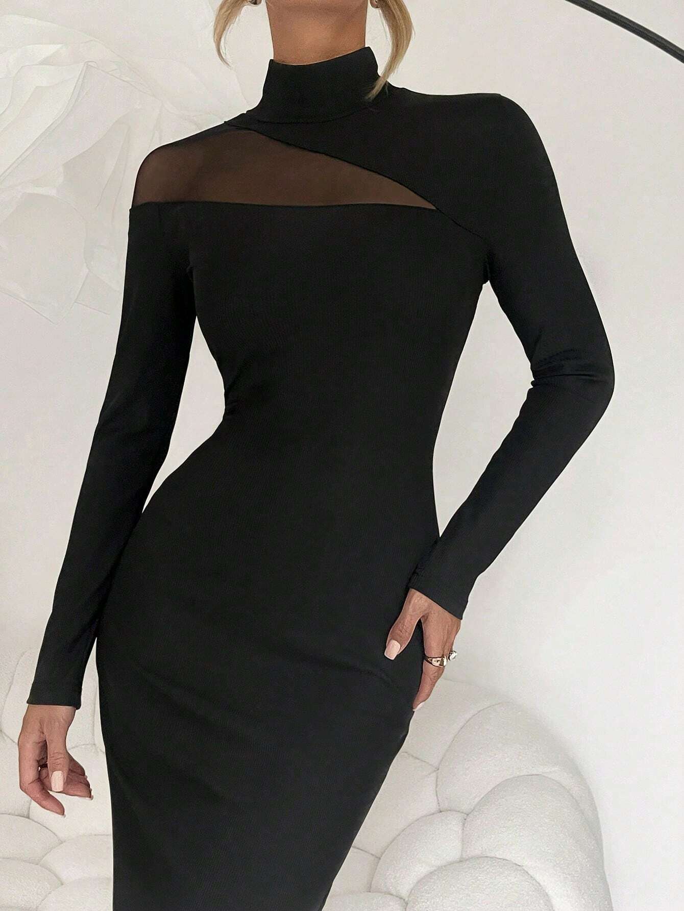 SHEIN RosyDaze Sheer, Multi-Fabric Splice, Solid Color, Stretchy, Fitted, Bodycon, Slit, Elegant High Neck, Graceful, Sexy, Casual, Party Wear Women Long Dress Maxi Women Outfit Fall Cloth For Women