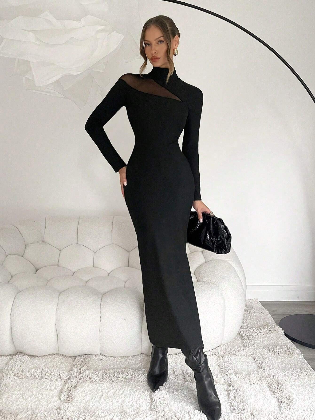SHEIN RosyDaze Sheer, Multi-Fabric Splice, Solid Color, Stretchy, Fitted, Bodycon, Slit, Elegant High Neck, Graceful, Sexy, Casual, Party Wear Women Long Dress Maxi Women Outfit Fall Cloth For Women