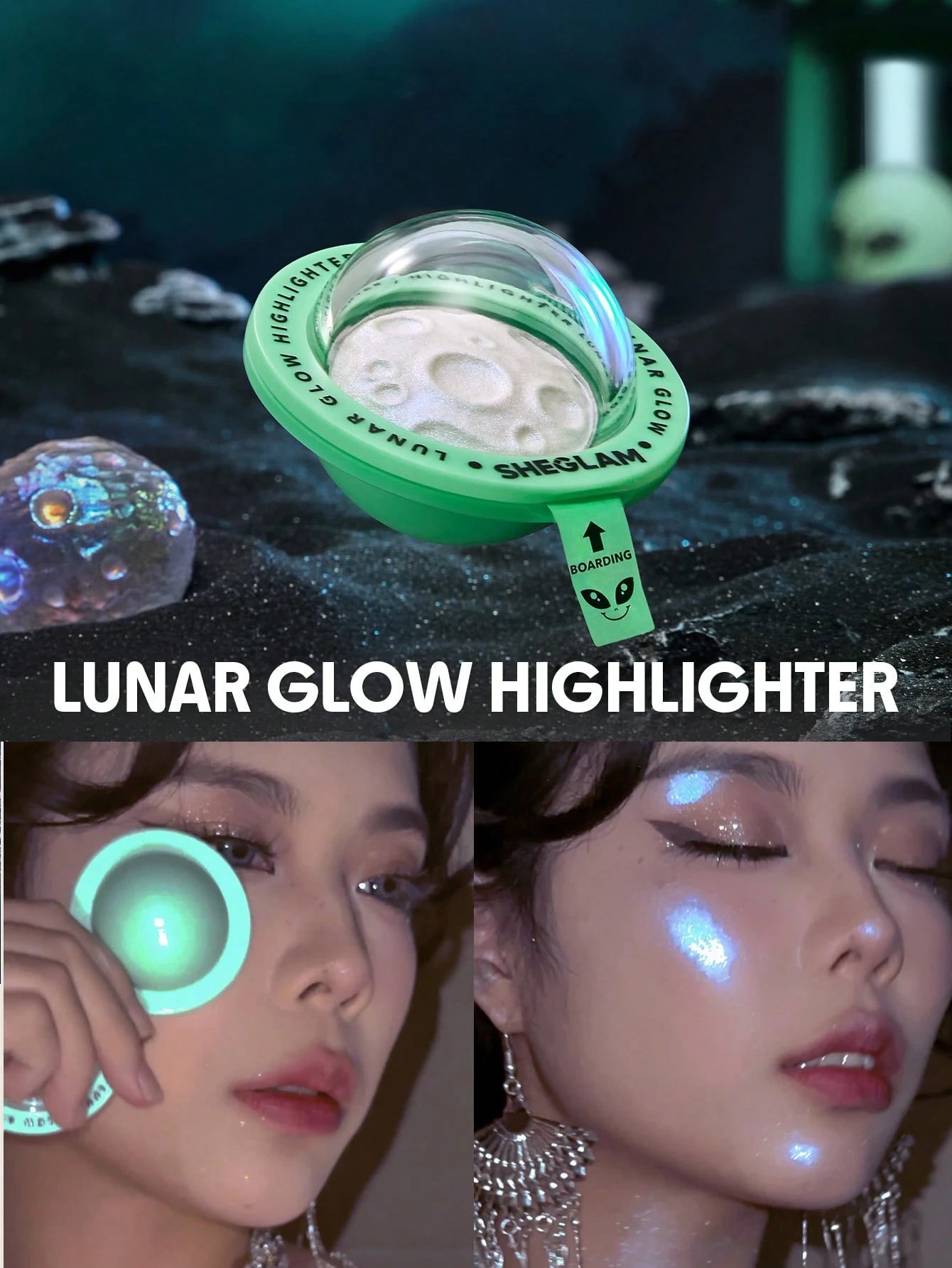  | SHEGLAM Lunar Glow Highlighter Multi-Dimensional Shine Highlighter Powder High-Shine Finish Blue-Green Reflective Sheen Multi-Use Glow Face Makeup | Brush | SheGlam | OneHub