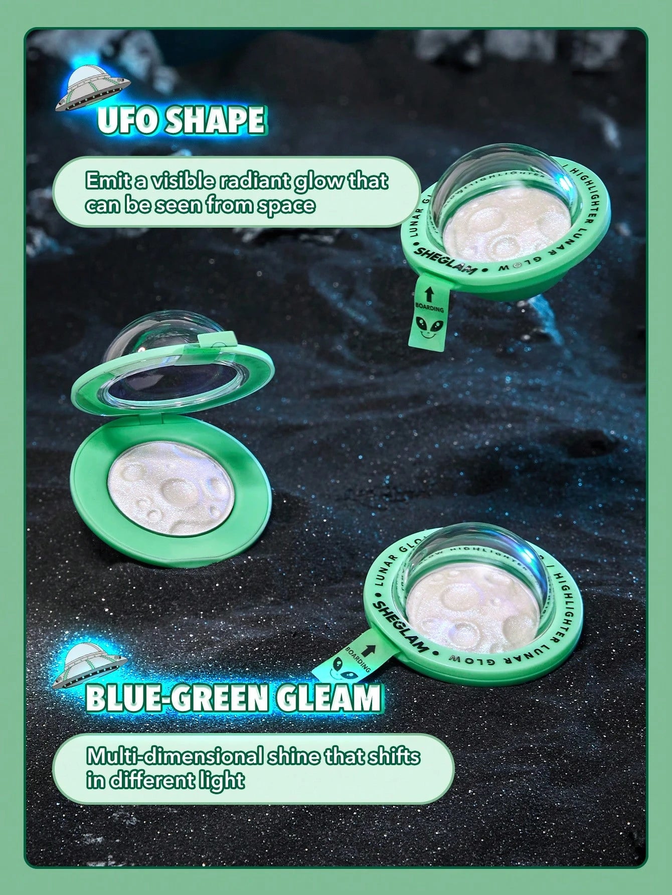  | SHEGLAM Lunar Glow Highlighter Multi-Dimensional Shine Highlighter Powder High-Shine Finish Blue-Green Reflective Sheen Multi-Use Glow Face Makeup | Brush | SheGlam | OneHub