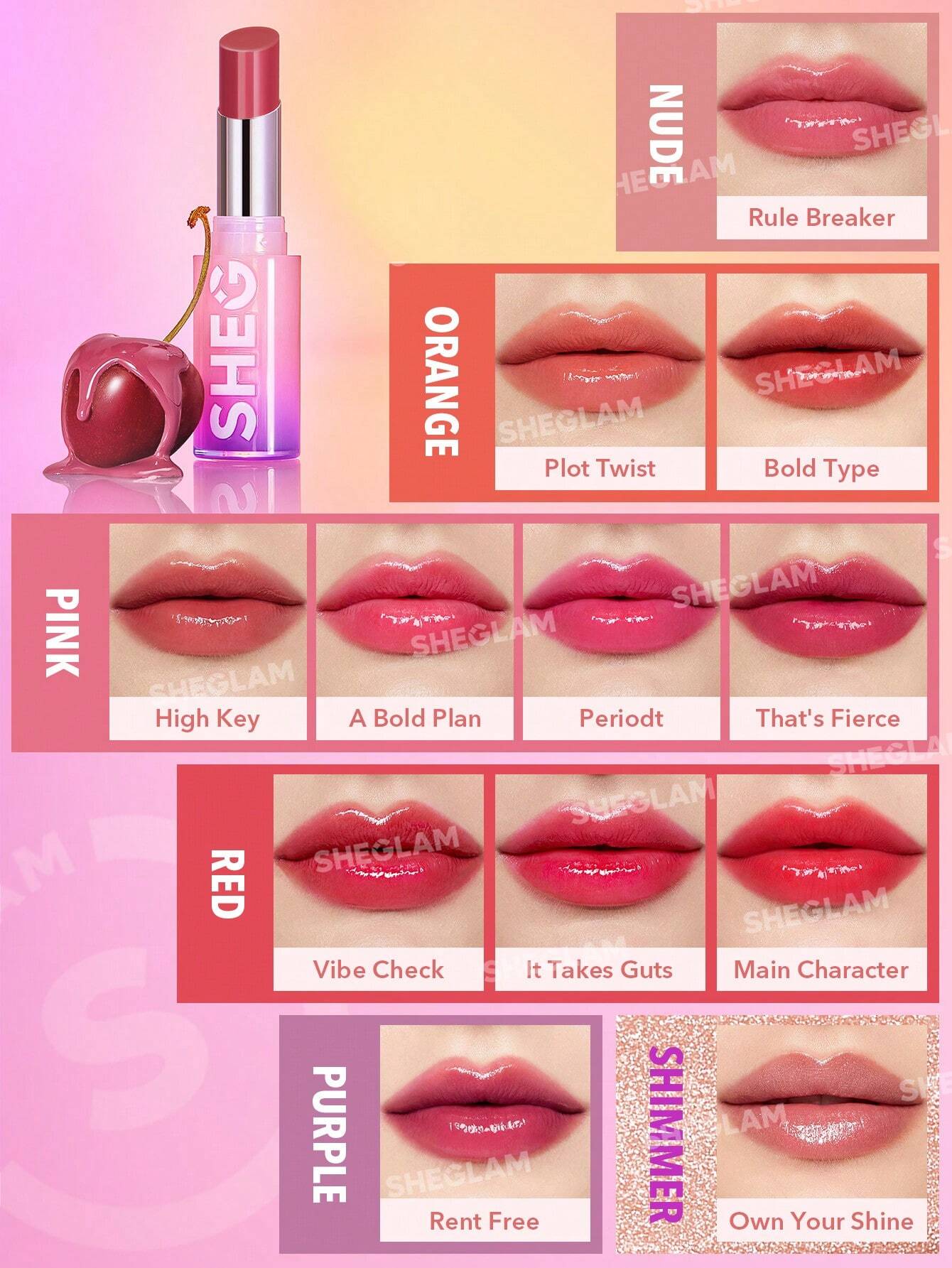  | SHEGLAM Mirror Kiss High-Shine Lipstick-Bold Type 12 Colors High Gloss Shine Glitter Lipstick Moisturizing Reduce Lip Fine Lines Lip Balm Lip Makeup | Makeup | SheGlam | OneHub