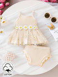 SHEIN 2pcs/Set Baby Girls' Vintage & Elegant & Cute & Interesting Daisy Embroidered Woven Strap Tank Top And Shorts Outfits For Spring And Summer Outdoor Activity