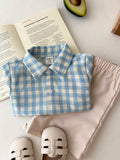 SHEIN 2pcs Baby Boy Cute Blue & White Collar Short Sleeve Top And Shorts Set,Blue And White Striped,Summer,Casual,Family Matching,Wedding,Birthday Party