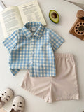 SHEIN 2pcs Baby Boy Cute Blue & White Collar Short Sleeve Top And Shorts Set,Blue And White Striped,Summer,Casual,Family Matching,Wedding,Birthday Party