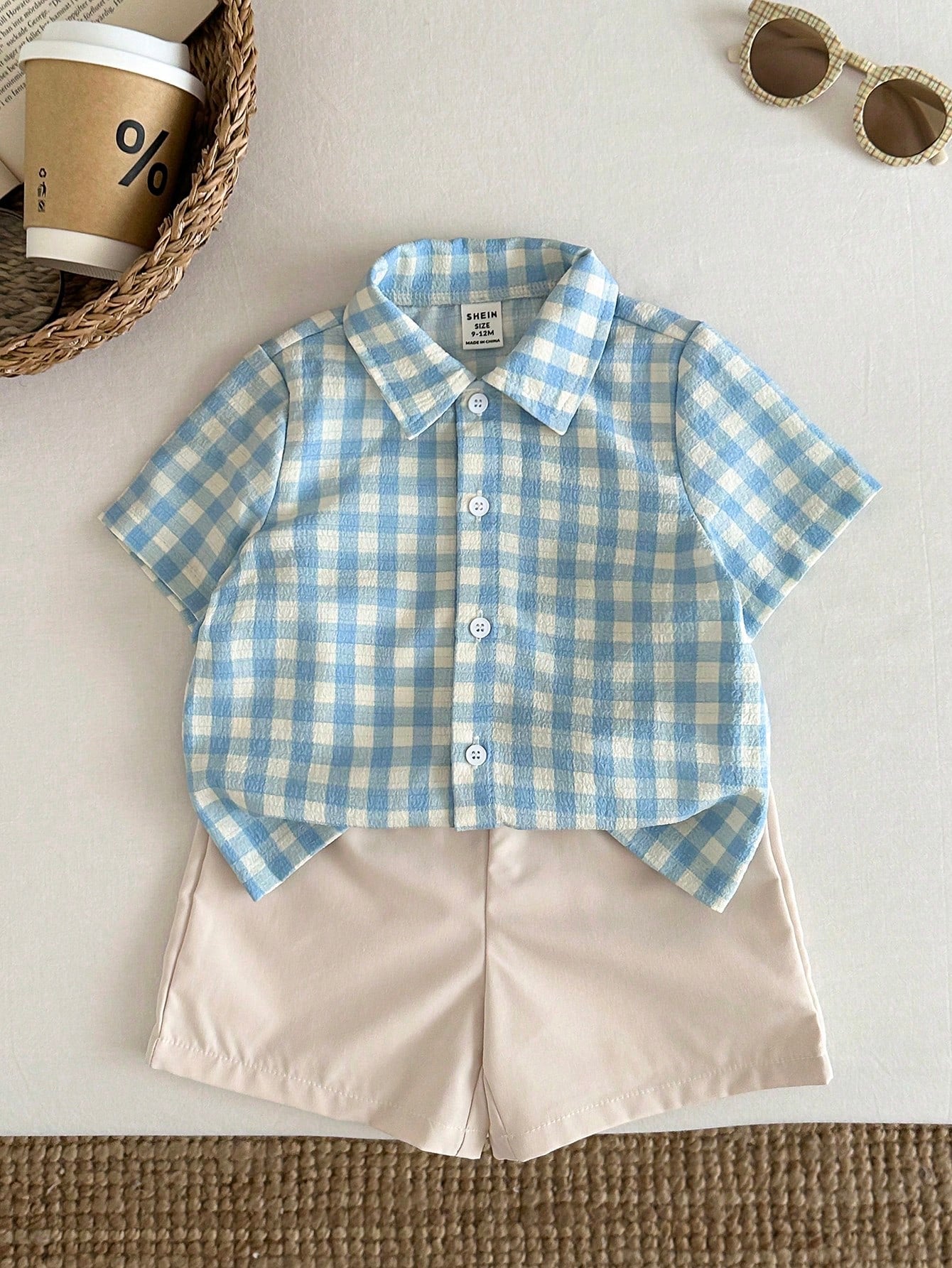 SHEIN 2pcs Baby Boy Cute Blue & White Collar Short Sleeve Top And Shorts Set,Blue And White Striped,Summer,Casual,Family Matching,Wedding,Birthday Party