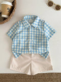SHEIN 2pcs Baby Boy Cute Blue & White Collar Short Sleeve Top And Shorts Set,Blue And White Striped,Summer,Casual,Family Matching,Wedding,Birthday Party