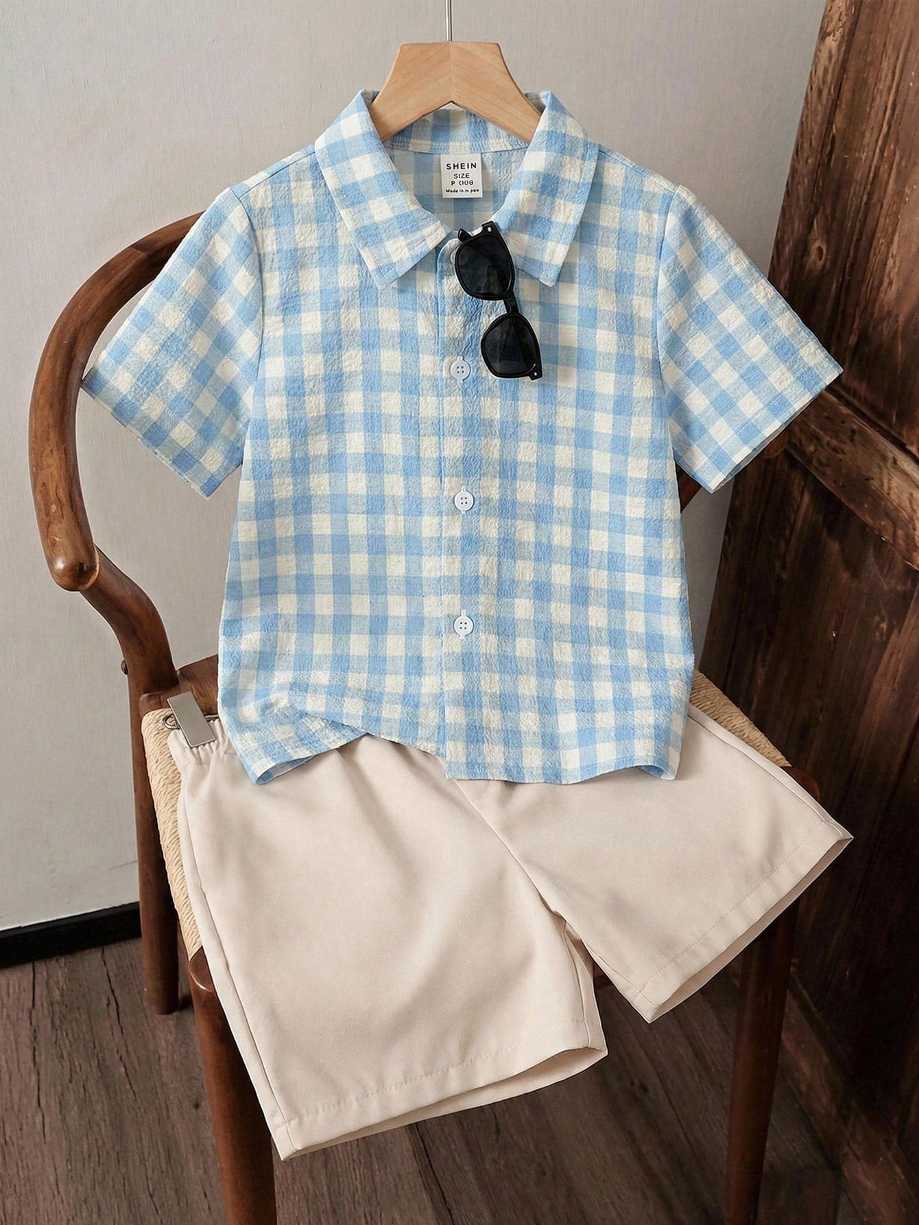 SHEIN 2pcs Baby Boy Cute Blue & White Collar Short Sleeve Top And Shorts Set,Blue And White Striped,Summer,Casual,Family Matching,Wedding,Birthday Party