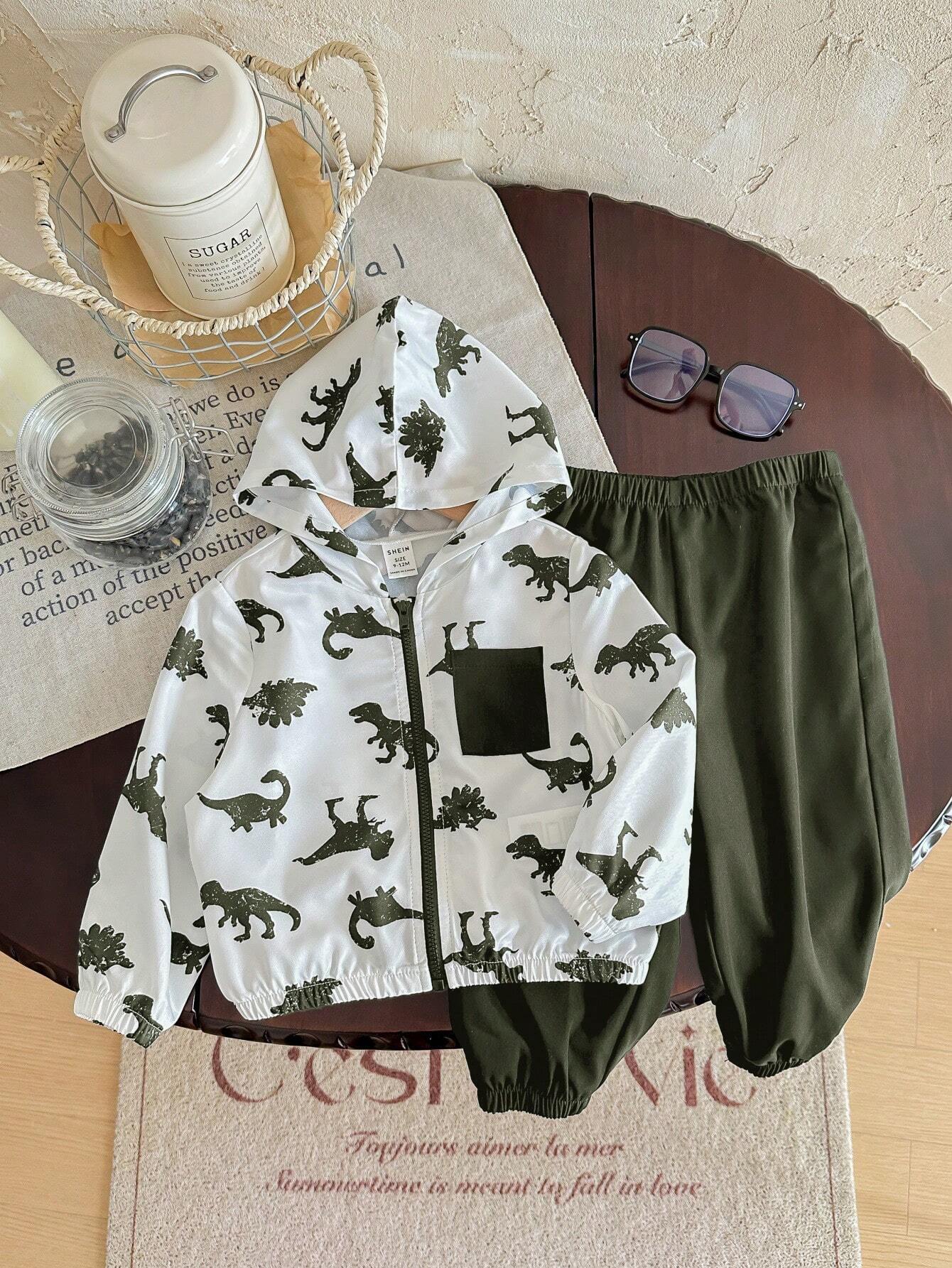  | SHEIN 2pcs Baby Boy Dinosaur Printed Contrast Color Hoodie Jacket And Solid Color Pants Outfit | Dress | Shein | OneHub