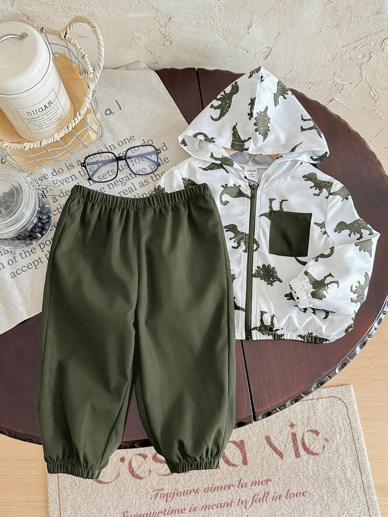  | SHEIN 2pcs Baby Boy Dinosaur Printed Contrast Color Hoodie Jacket And Solid Color Pants Outfit | Dress | Shein | OneHub