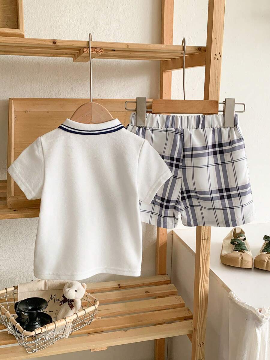 | SHEIN 2pcs Baby Boy Outfit Set: Short Sleeve Shirt With Collar And Plaid Pattern Pants, Fashionable And Suitable For All Occasions In Summer Boy Baby Clothes Boy Baby Clothes Summer | Dress | Shein | OneHub