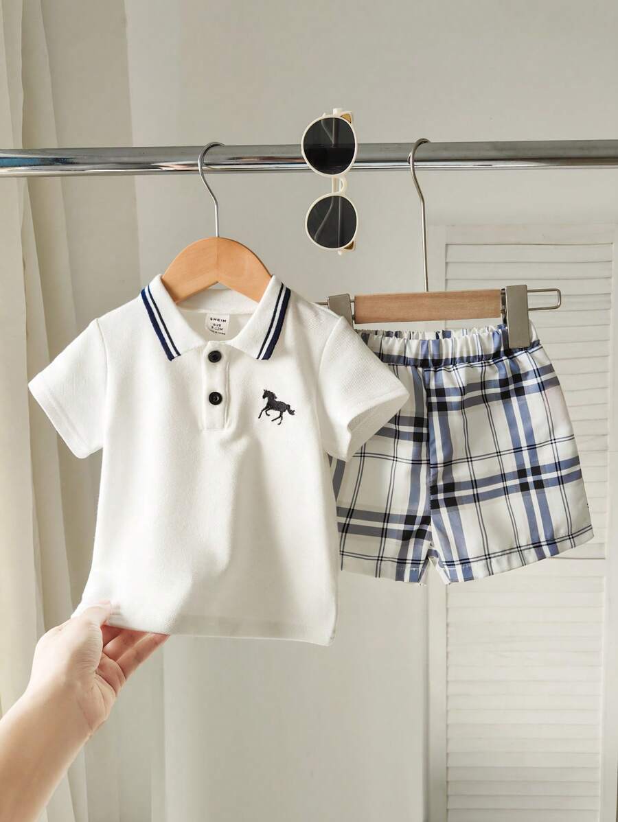  | SHEIN 2pcs Baby Boy Outfit Set: Short Sleeve Shirt With Collar And Plaid Pattern Pants, Fashionable And Suitable For All Occasions In Summer Boy Baby Clothes Boy Baby Clothes Summer | Dress | Shein | OneHub