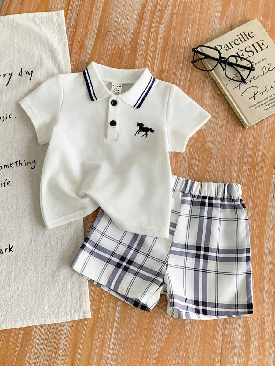  | SHEIN 2pcs Baby Boy Outfit Set: Short Sleeve Shirt With Collar And Plaid Pattern Pants, Fashionable And Suitable For All Occasions In Summer Boy Baby Clothes Boy Baby Clothes Summer | Dress | Shein | OneHub