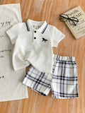  | SHEIN 2pcs Baby Boy Outfit Set: Short Sleeve Shirt With Collar And Plaid Pattern Pants, Fashionable And Suitable For All Occasions In Summer Boy Baby Clothes Boy Baby Clothes Summer | Dress | Shein | OneHub