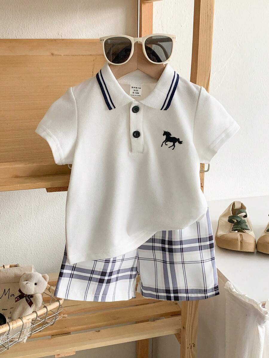  | SHEIN 2pcs Baby Boy Outfit Set: Short Sleeve Shirt With Collar And Plaid Pattern Pants, Fashionable And Suitable For All Occasions In Summer Boy Baby Clothes Boy Baby Clothes Summer | Dress | Shein | OneHub