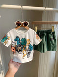 SHEIN 2pcs Baby Boys Casual Cute Animal Crayon Print Loose Fit Round Neck Knitted Top T-Shirt & Knitted Shorts 2 Pieces Set, Suitable For Spring/Summer Wear, Indoor And Outdoor