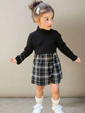 SHEIN 2pcs Baby Girl Knit Black Long Sleeve Shirt And Plaid Elastic Waist Shorts Set