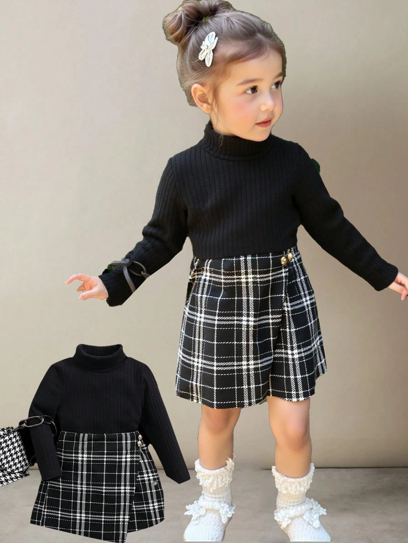 SHEIN 2pcs Baby Girl Knit Black Long Sleeve Shirt And Plaid Elastic Waist Shorts Set