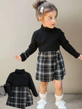 SHEIN 2pcs Baby Girl Knit Black Long Sleeve Shirt And Plaid Elastic Waist Shorts Set