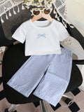 SHEIN 2pcs Baby Girl Toddler/Newborn 0-3Y Cute Casual Striped Bow T-Shirt + Striped Pants Set, Infant Morandi Blue Outfit, Spring/Summer