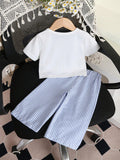 SHEIN 2pcs Baby Girl Toddler/Newborn 0-3Y Cute Casual Striped Bow T-Shirt + Striped Pants Set, Infant Morandi Blue Outfit, Spring/Summer