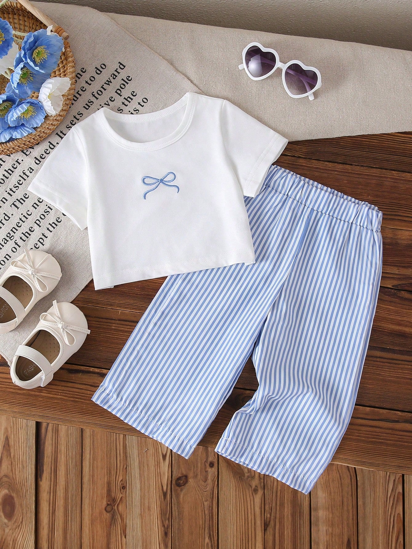 SHEIN 2pcs Baby Girl Toddler/Newborn 0-3Y Cute Casual Striped Bow T-Shirt + Striped Pants Set, Infant Morandi Blue Outfit, Spring/Summer
