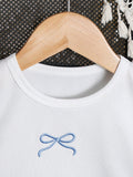 SHEIN 2pcs Baby Girl Toddler/Newborn 0-3Y Cute Casual Striped Bow T-Shirt + Striped Pants Set, Infant Morandi Blue Outfit, Spring/Summer