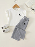 SHEIN 2pcs/Set Baby Boy Baby Girl Unisex Baby Clothes Summer Short Sleeve Letter T-Shirt Top & Flared Wide Leg Pants Outfit, Infant Set, Summer Set, Autumn Set, Holiday Set