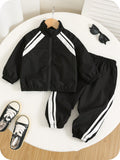 SHEIN 2pcs/Set Baby Boy/Girl Black Collar Jacket&Jogger Pants,Black And White Checkered,Autumn,Casual,Vacation,Thick Utility Style Suit For Fall/Winter