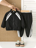 SHEIN 2pcs/Set Baby Boy/Girl Black Collar Jacket&Jogger Pants,Black And White Checkered,Autumn,Casual,Vacation,Thick Utility Style Suit For Fall/Winter