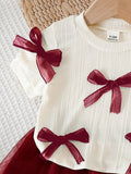  | SHEIN 2pcs/Set Baby Girls' Apricot Knit Short Sleeve Top Decorated With Multiple White Bows | Dress | Shein | OneHub