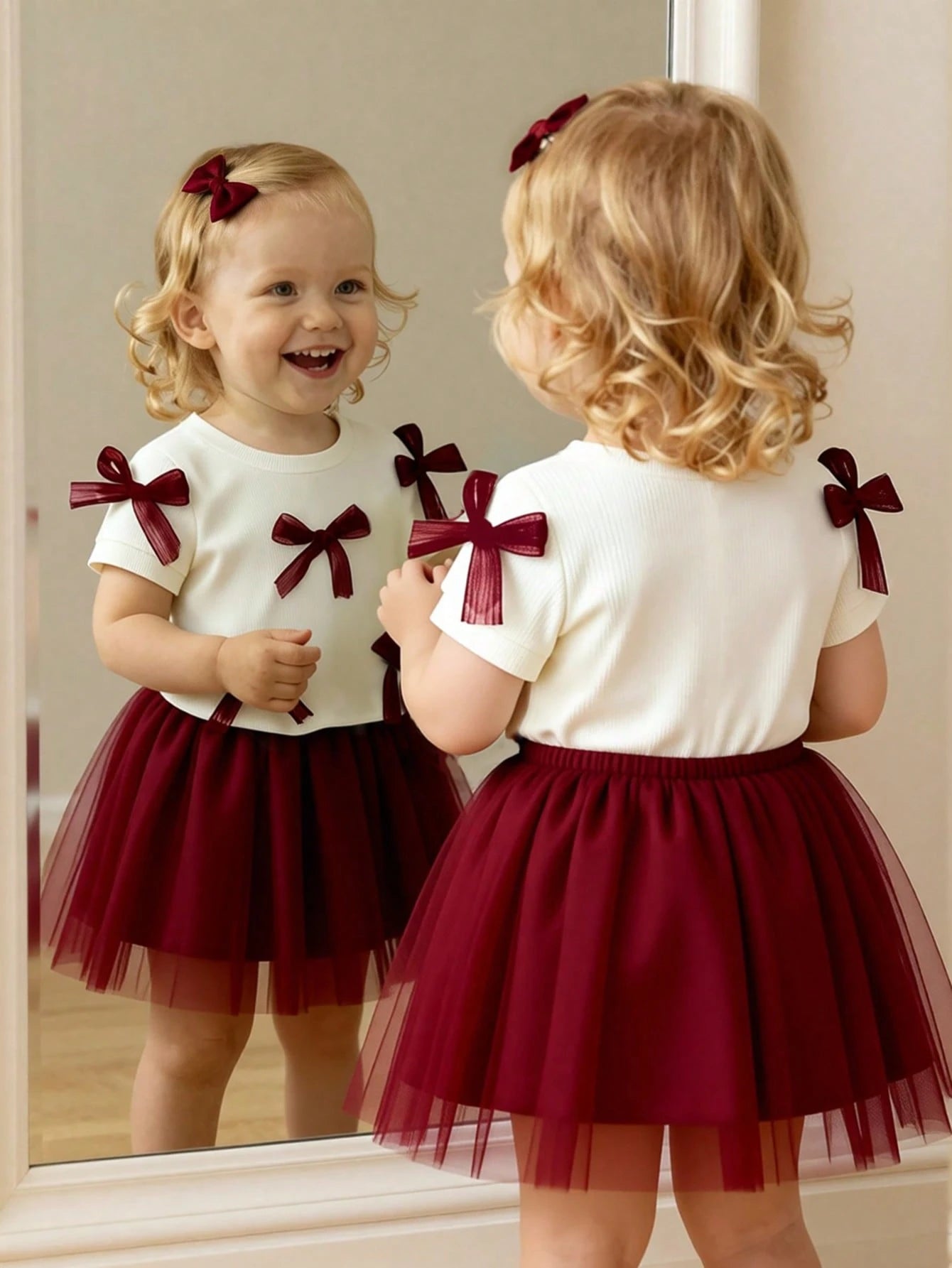  | SHEIN 2pcs/Set Baby Girls' Apricot Knit Short Sleeve Top Decorated With Multiple White Bows | Dress | Shein | OneHub