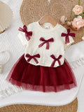  | SHEIN 2pcs/Set Baby Girls' Apricot Knit Short Sleeve Top Decorated With Multiple White Bows | Dress | Shein | OneHub