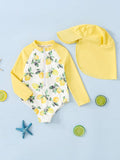  | SHEIN 2pcs/Set Babygirl Floral Print Color-Block Long Sleeve Rash Guard Swimwear & Hat Set | Dress | Shein | OneHub