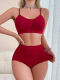 SHEIN 2pcs/Set Ladies Plain Color Ruched Casual Underwear Set