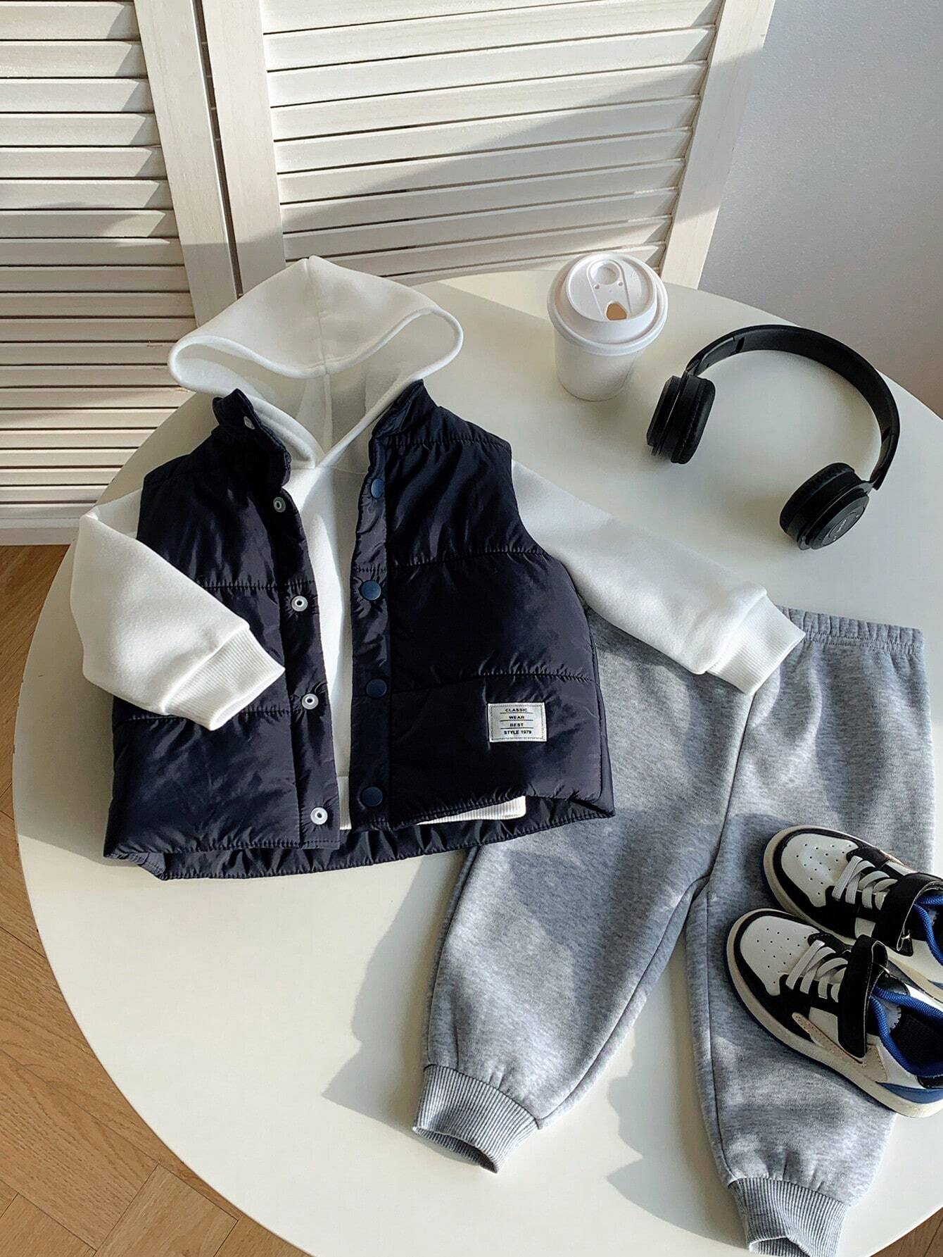  | SHEIN 3pcs/Set Baby Boy Casual Cute Knit Long Sleeve Hoodie Sweatshirt, Elastic Waist Jog Pants & Fleece Vest Outfit | Dress | Shein | OneHub