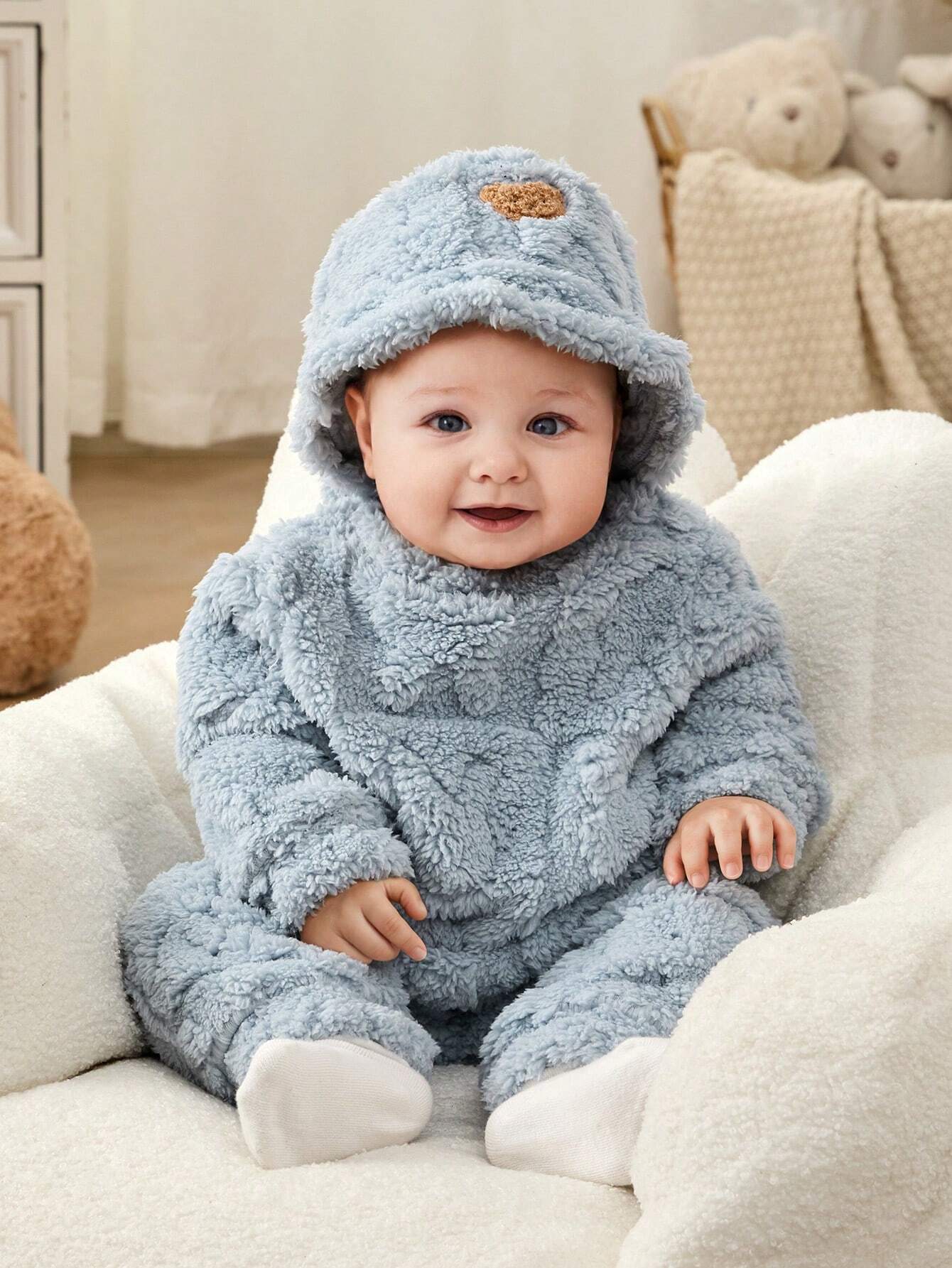  | SHEIN 3pcs/Set Newborn Baby Boys/Girls Blue Autumn/Winter Soft Coral Fleece Long Sleeve Hoodie, Pants & Hat, Cute Bear & Rabbit Print, Cozy & Warm, For Indoor & Outdoor | Dress | Shein | OneHub