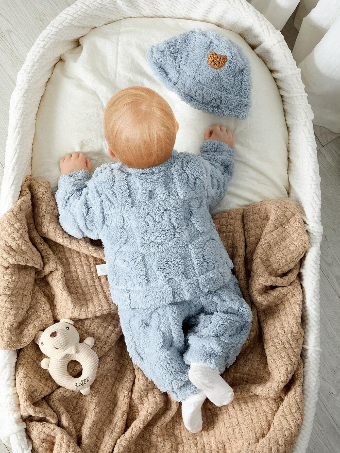  | SHEIN 3pcs/Set Newborn Baby Boys/Girls Blue Autumn/Winter Soft Coral Fleece Long Sleeve Hoodie, Pants & Hat, Cute Bear & Rabbit Print, Cozy & Warm, For Indoor & Outdoor | Dress | Shein | OneHub