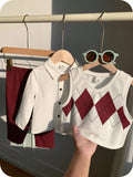 SHEIN 3pcs Baby Boy Outfit,Retro Argyle Vest,White Shirt,Pants,Back-To-School Autumn Clothing Set For Birthday Party,Wedding,Christening,1st Celebration