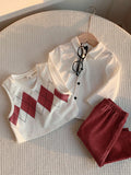 SHEIN 3pcs Baby Boy Outfit,Retro Argyle Vest,White Shirt,Pants,Back-To-School Autumn Clothing Set For Birthday Party,Wedding,Christening,1st Celebration