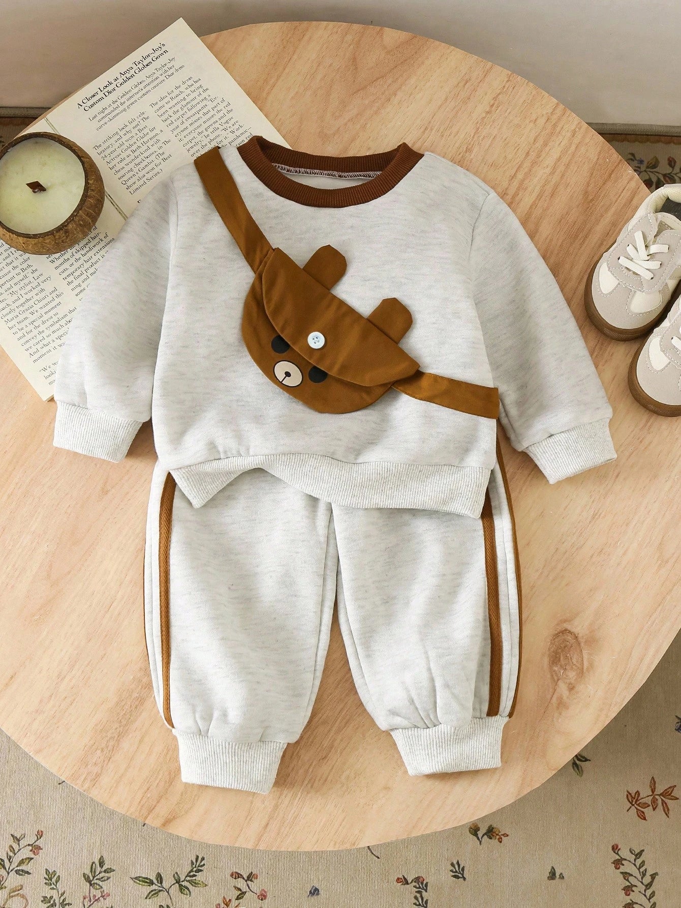 SHEIN 3pcs Baby Boy Toddler Newborn 0-3 Years Old Autumn/Winter Cute Teddy Bear Crossbody Bag + Long Sleeve Fleece Sweatshirt + Pants 3 PiecesOutfit Set Fall