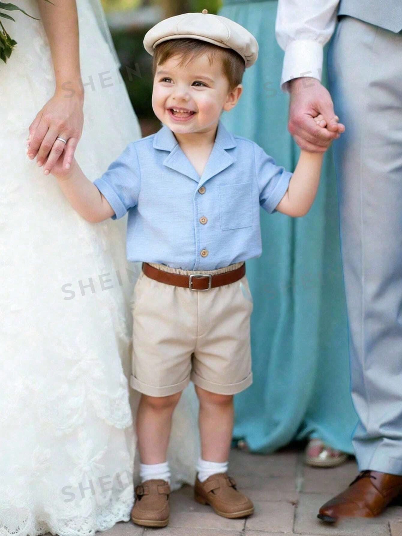 SHEIN 3pcs Boys Outfit Set, Includes Short Sleeve Polo Shirt, Regular Shorts, And Hat
