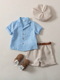SHEIN 3pcs Boys Outfit Set, Includes Short Sleeve Polo Shirt, Regular Shorts, And Hat