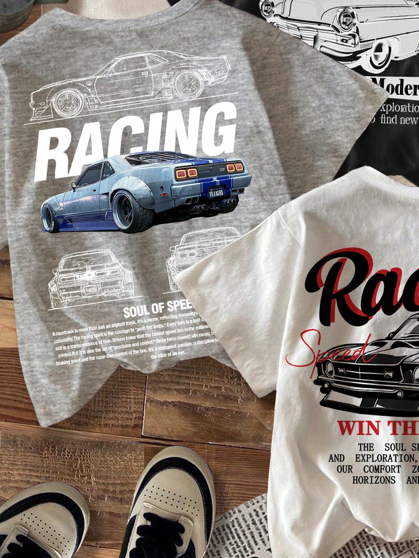 SHEIN 3pcs/Set Baby Boy Retro Car Graphic T-Shirts,White And Red,Summer,Street Life Casual Graphic Street Fashion,Carrer Day,Back-To-School Y2K Loose Tops