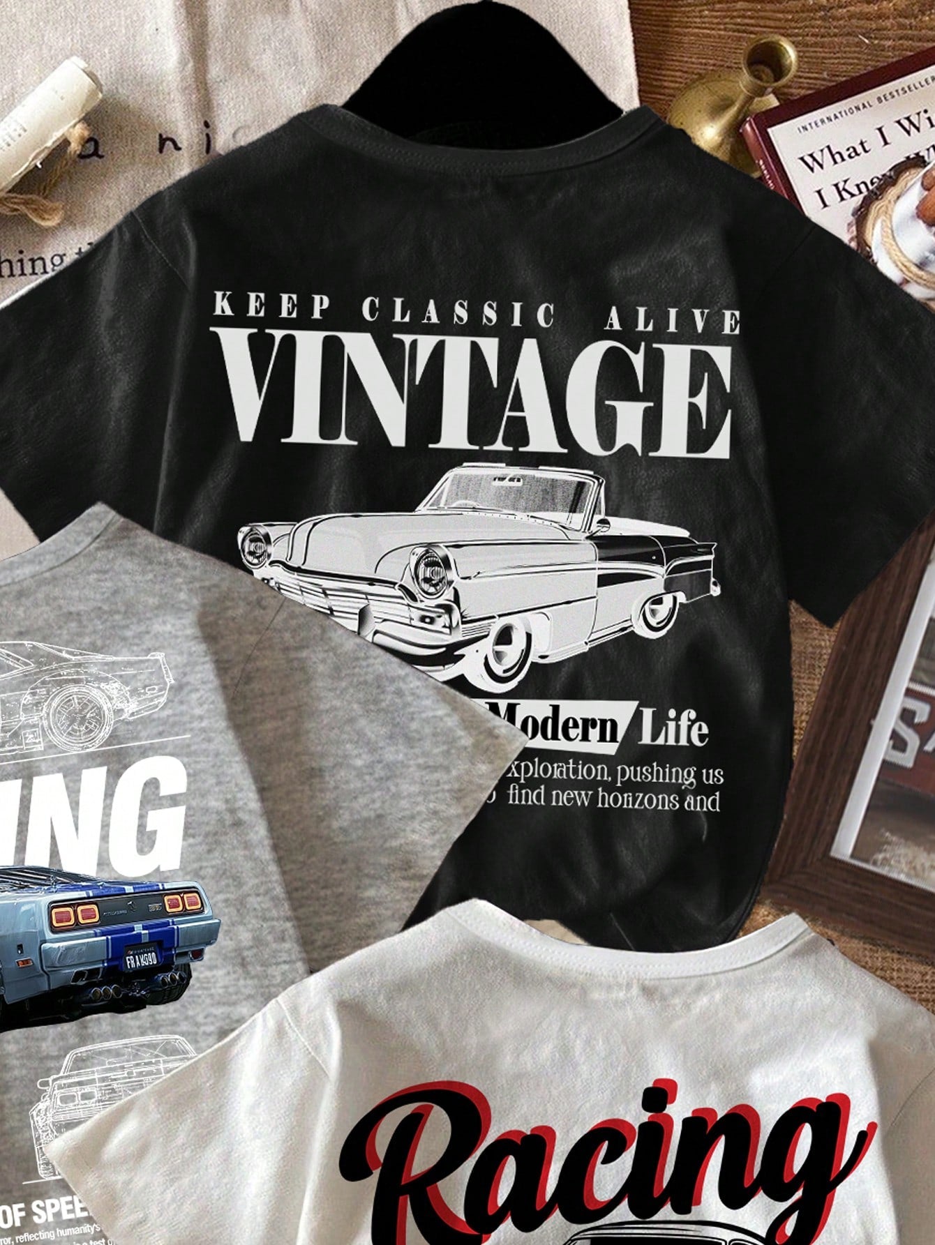 SHEIN 3pcs/Set Baby Boy Retro Car Graphic T-Shirts,White And Red,Summer,Street Life Casual Graphic Street Fashion,Carrer Day,Back-To-School Y2K Loose Tops