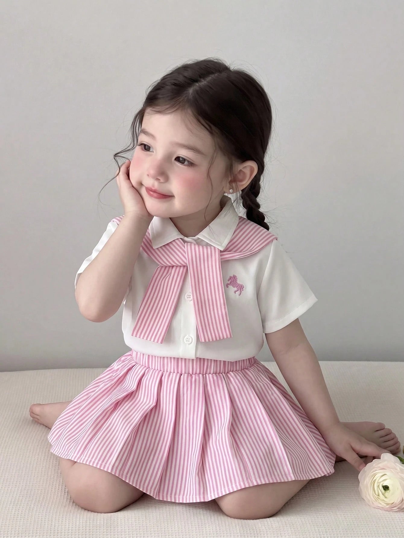  | SHEIN 3pcs/Set Toddler Infant Baby Girls' Embroidered Pony Striped Shirt | Dress | Shein | OneHub