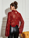  | SHEIN Allurite Burgundy Sexy Cut Out Lace See-Through Flare Sleeve Four Seasons Knit Women's Blouse, Haute Women Tops,Fitted Elegant Crew Neck Tops | Top | Shein | OneHub
